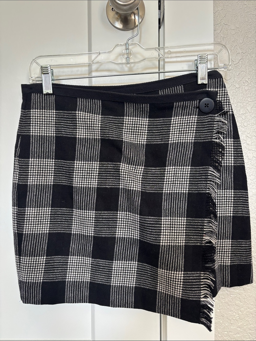 Madewell Black & White Plaid Fringe Wrap Mini Skirt